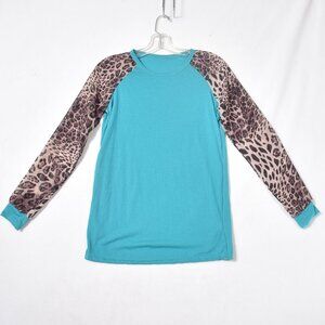 Women's Teal & Leopard Print Blouse Size Small